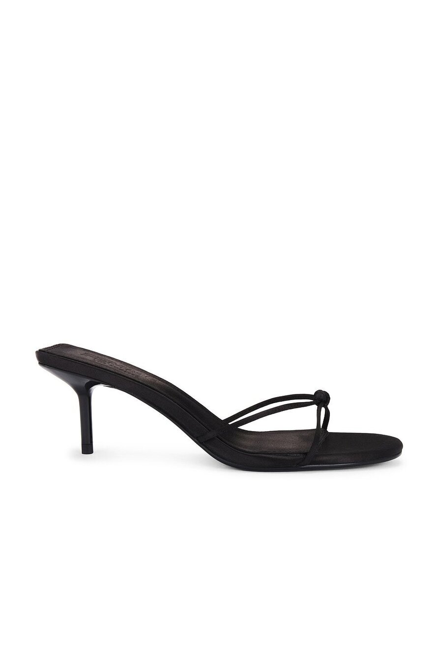 FEMME LA Maeve Slipper in Satin Black faux leather mid heel almond toe slip-on